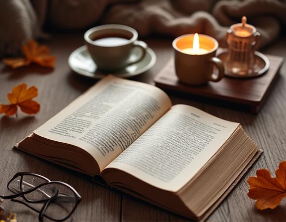 A cozy arrangement of books and teacups on a table.