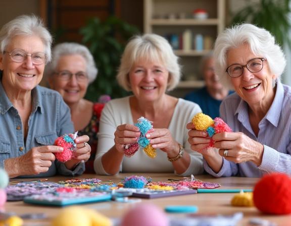 Seniors smiling and showing their handmade crafts.