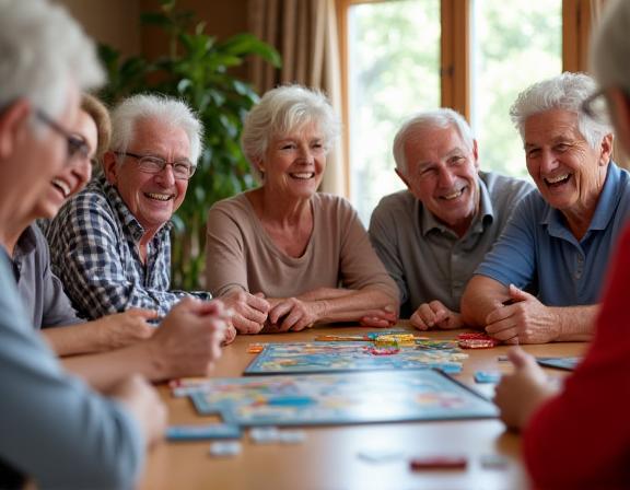 A group of seniors laughing while playing a board game.