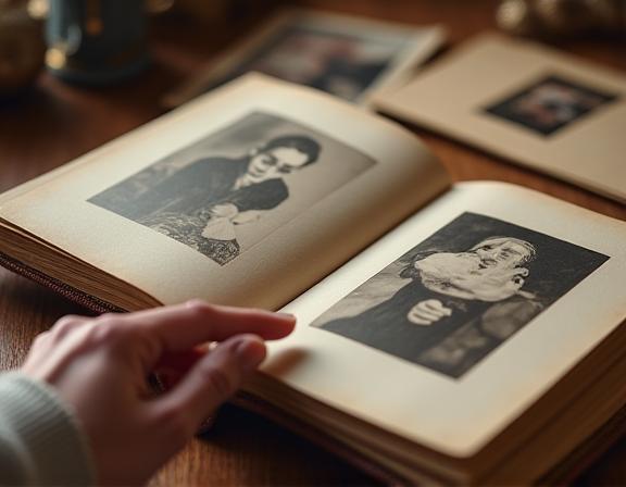 An open photo album with vintage pictures.